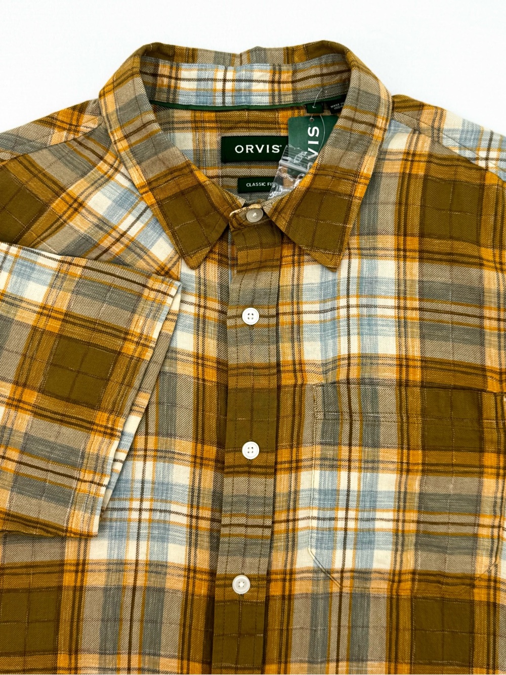 NEW Orvis Men's Large Space Dye Plaid Orange Blue Short Sleeve Button Down
